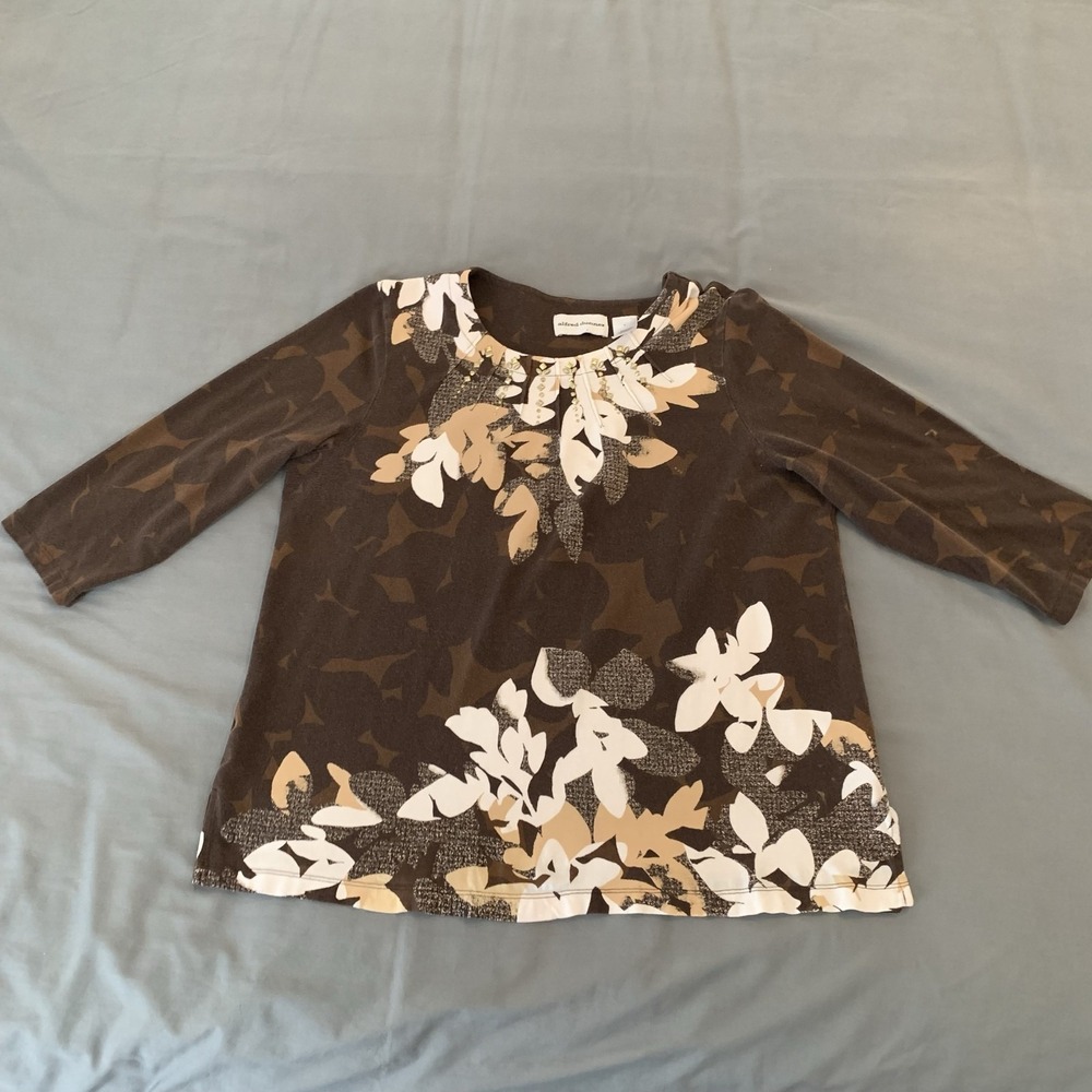 Alfred Dunner Blouse Womens Large Brown Floral Beaded Scoop Neck 3/4 Sleeve Top